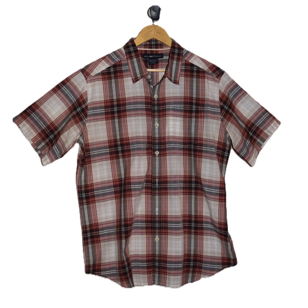ExOfficio Button Down Mens Large Red White Grey Excellent Plaid Short Sleeve
